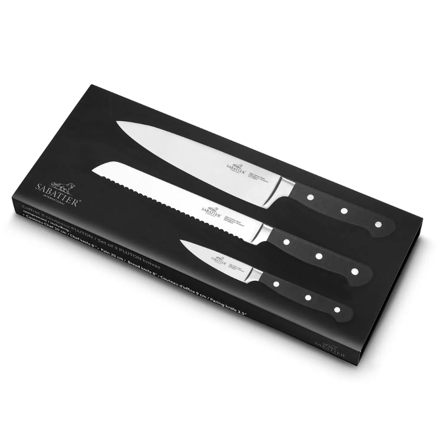 Lion Sabatier Knivsæt 3 dele, urte, brød og kokkenkniv i stål/sort, Pluton